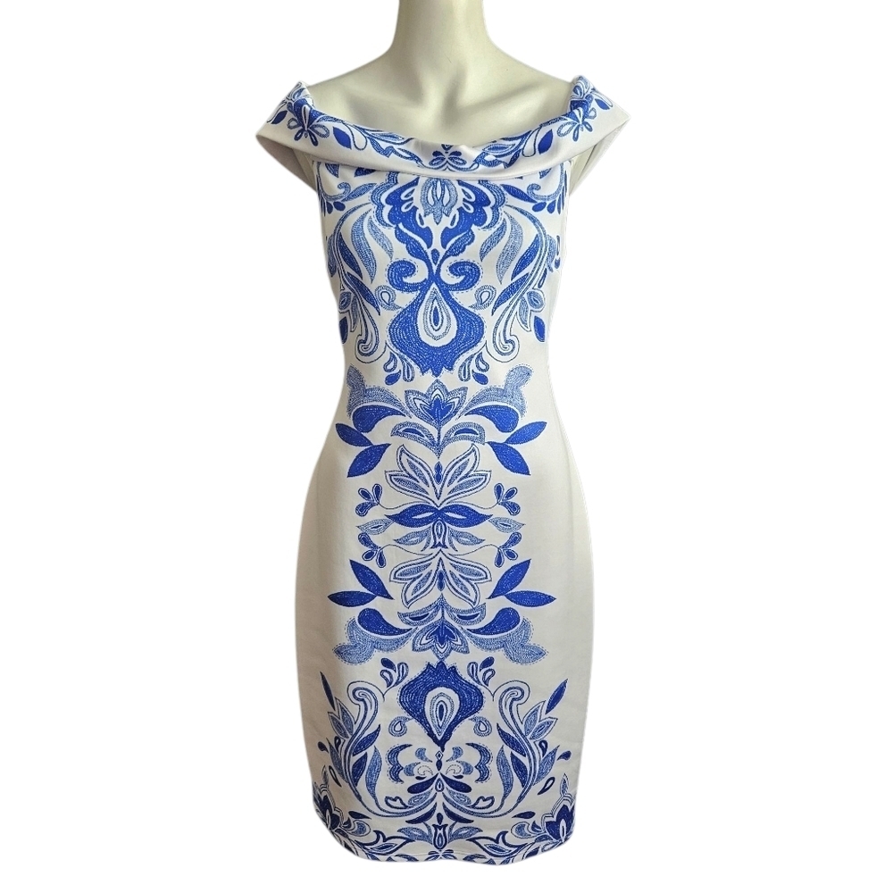 Bisou Bisou Off The Shoulder White Blue‎ Medallion Print Bodycon Dress Size 10